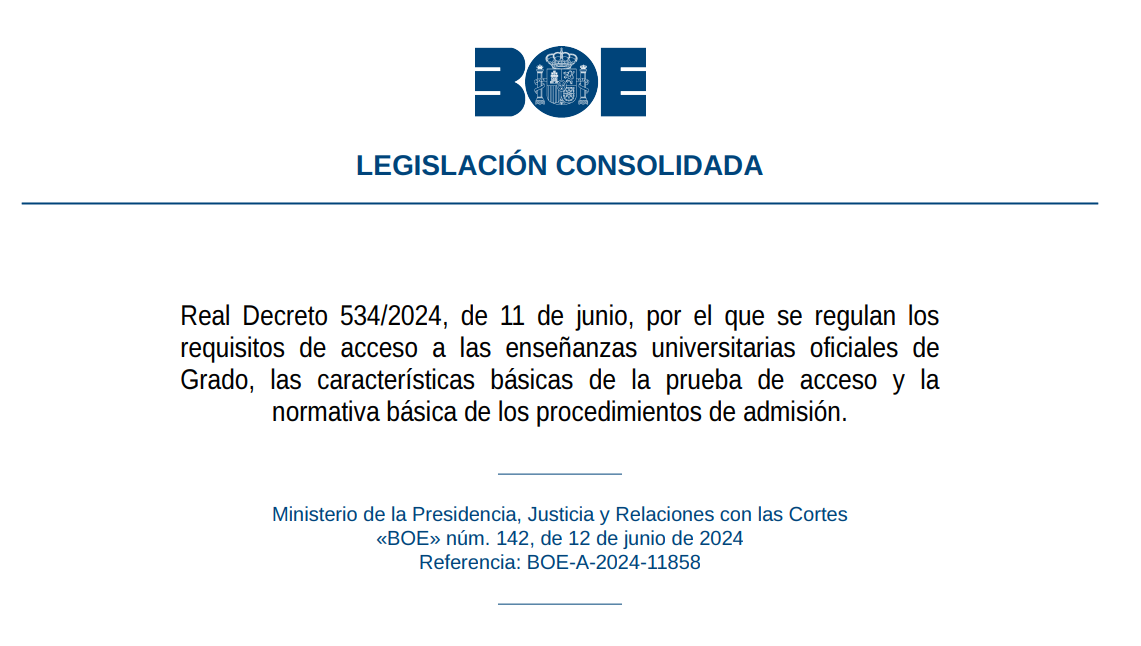 Test del Real Decreto 534/2024, de 11 de junio, por el que se regulan los requisitos de acceso a las enseñanzas universitarias oficiales de Grado, las características básicas de la prueba de acceso y la normativa básica de los procedimientos de admisi